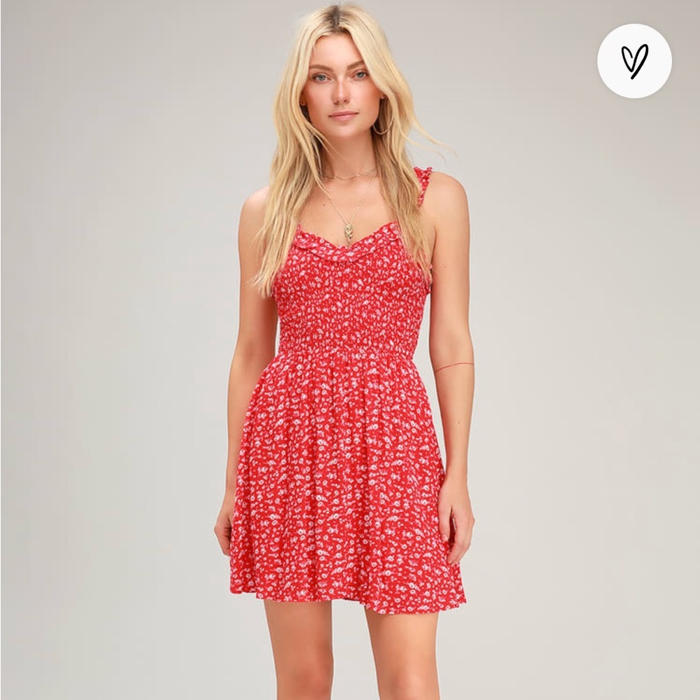 Lulu’s Mellie Red Floral Smocked Mini Dress